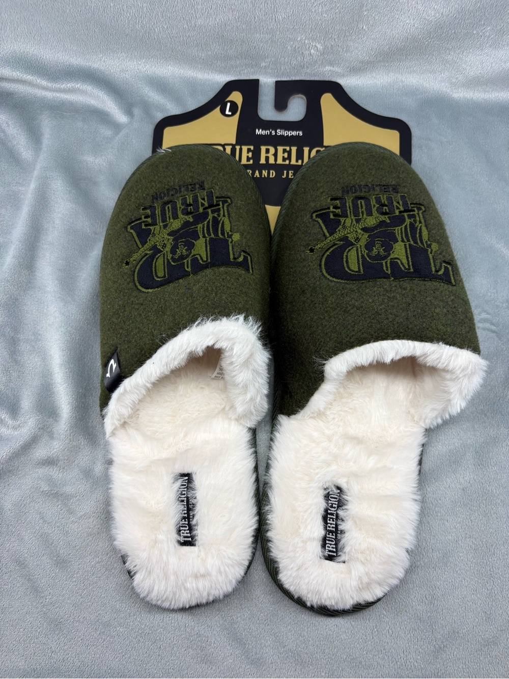 True Religion Olive Green and Cream Fleece-Lined Slippers